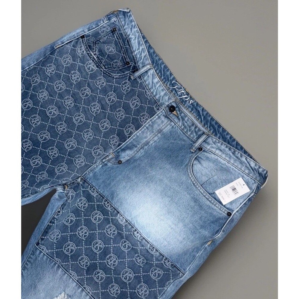 $298 PRPS Relaxed Fit Barracuda All Over Logo Print Mens Jeans Blue